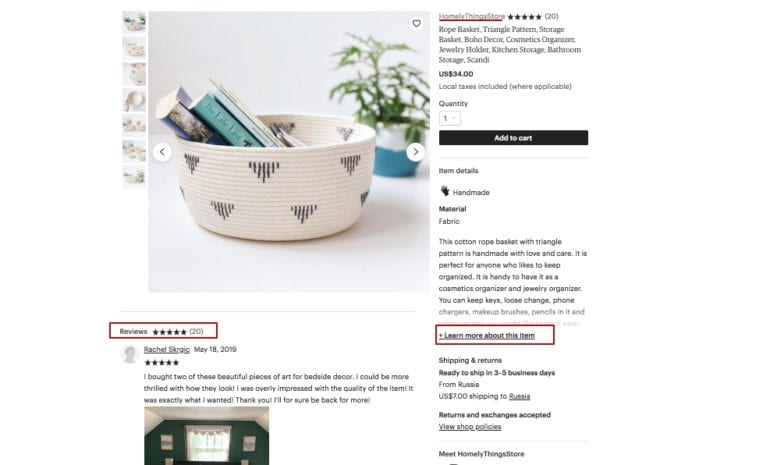 Etsy allows adding customer reviews right under the product image