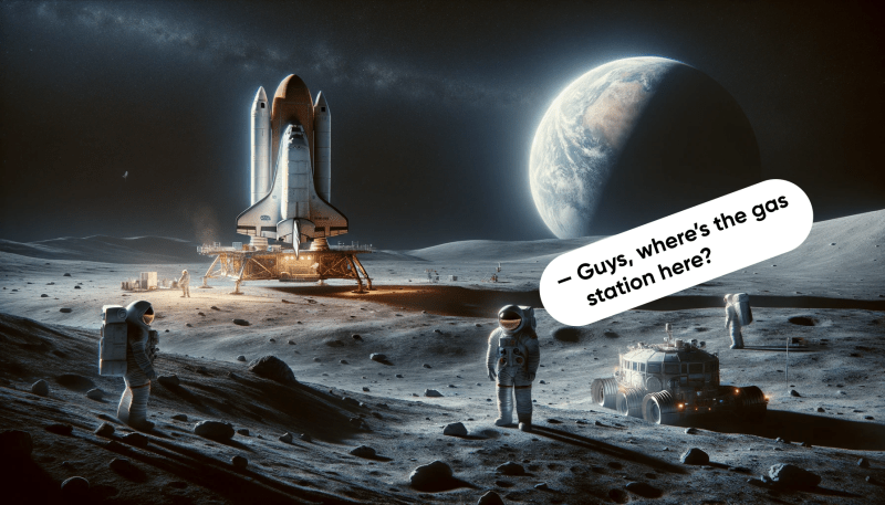 Astronauts ran out of fuel and are looking for a gas station on the Moon. March 1, 2055.
