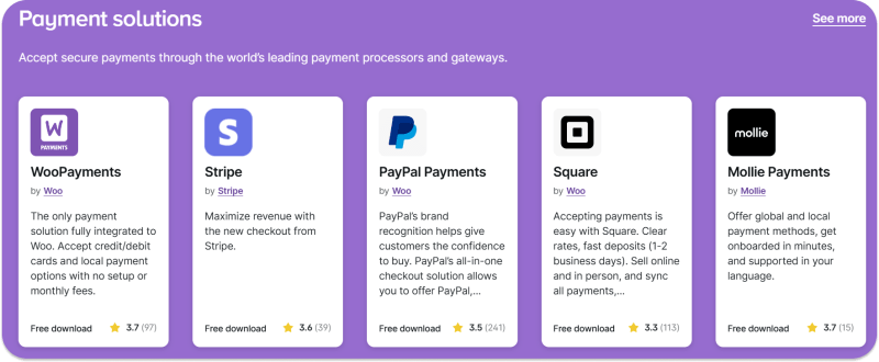Examples of payment plugins available for WooCommerce