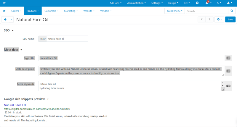 The CS-Cart platform can put all the collected keyword info about a product to form rich snippets for you automatically. It's a pretty neat feature. Now the search engines can display more comprehensive info about your products right there in the search results. That can help draw more potential customers to your offerings.